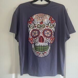 Oversized Sugar Skull short sleeved t-shirt small purple blue dia de los muertos